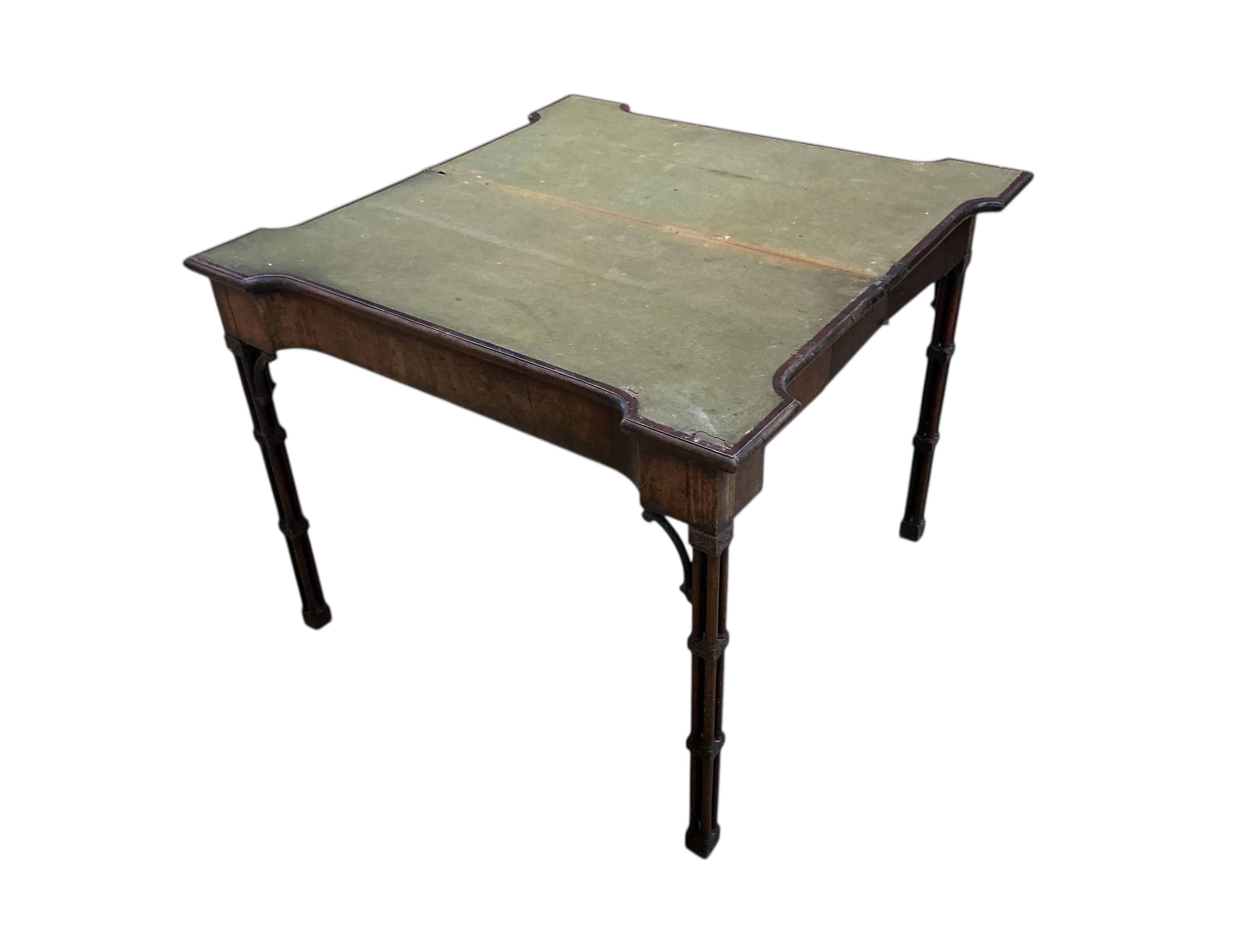 A George III Chippendale style mahogany folding card table on cluster column legs, width 90cm, depth 45cm, height 74cm